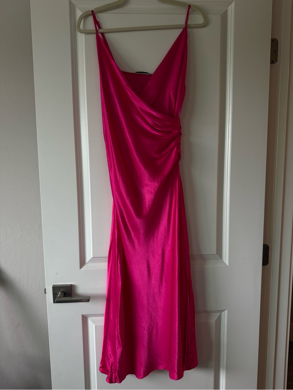 Fuchsia Satin Slip Dress with Draped Side